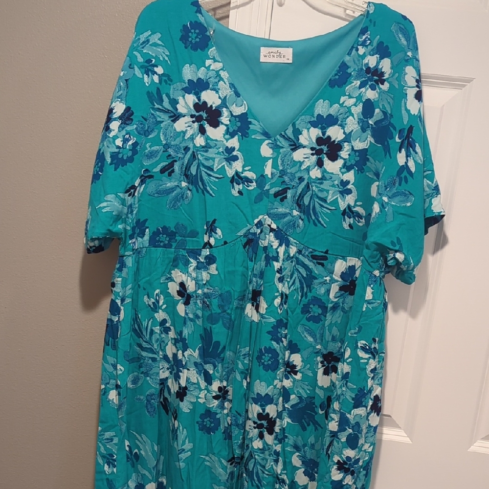 Teal Floral V-Neck Midi Dress